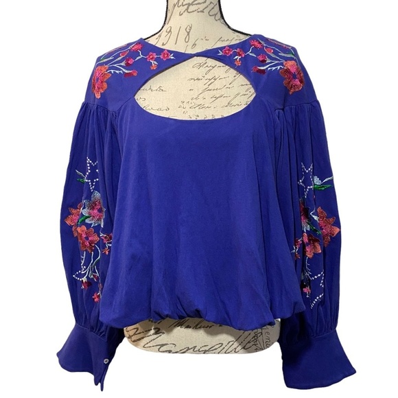 NWT Free People Cobalt Blue Lita Floral Embroidered Balloon Sleeve Cropped Top S - Picture 2 of 7